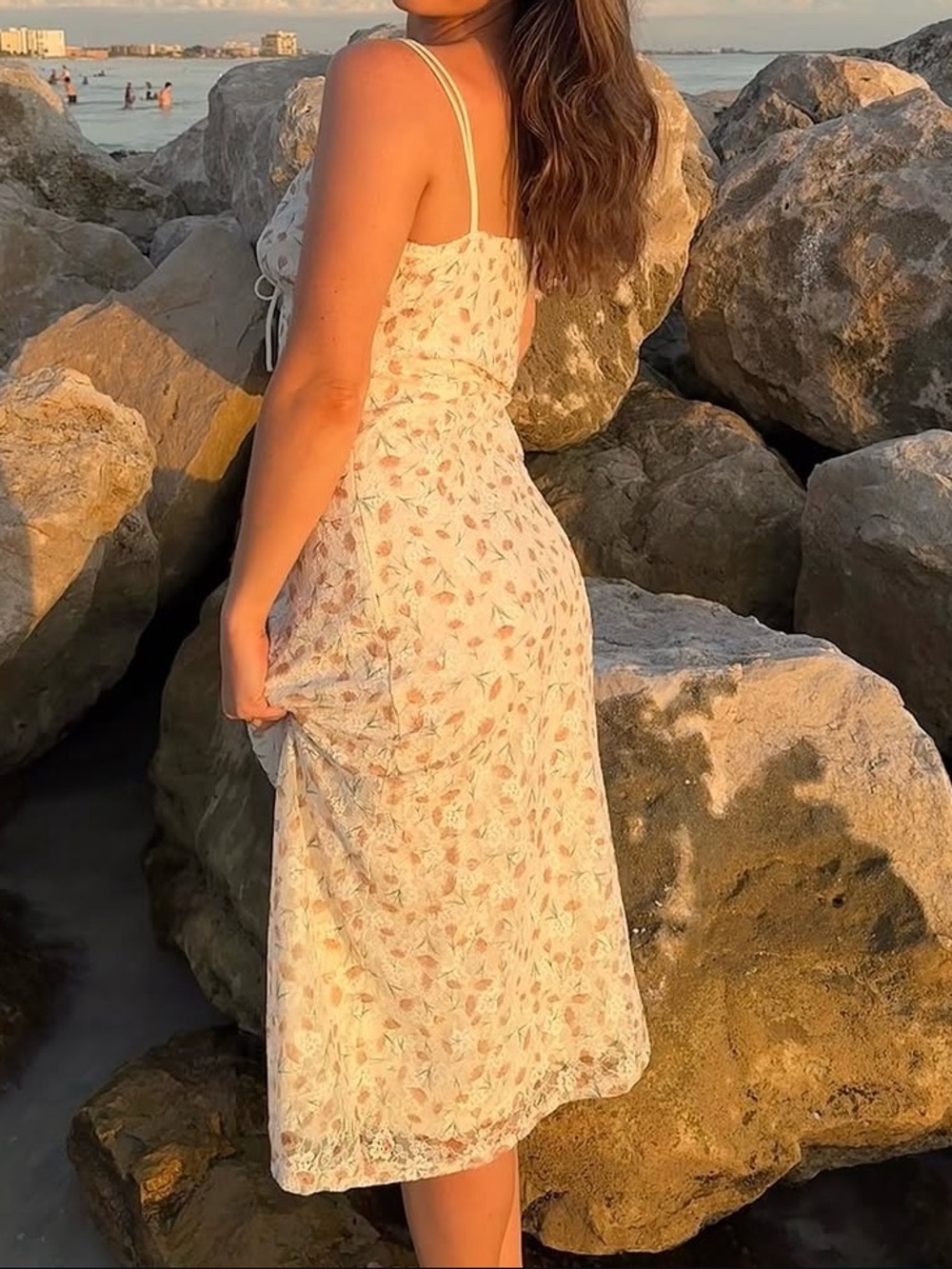 Floral Lace-Trim Slip Dress in Cream and Dusty Rose - Picture 3 of 4